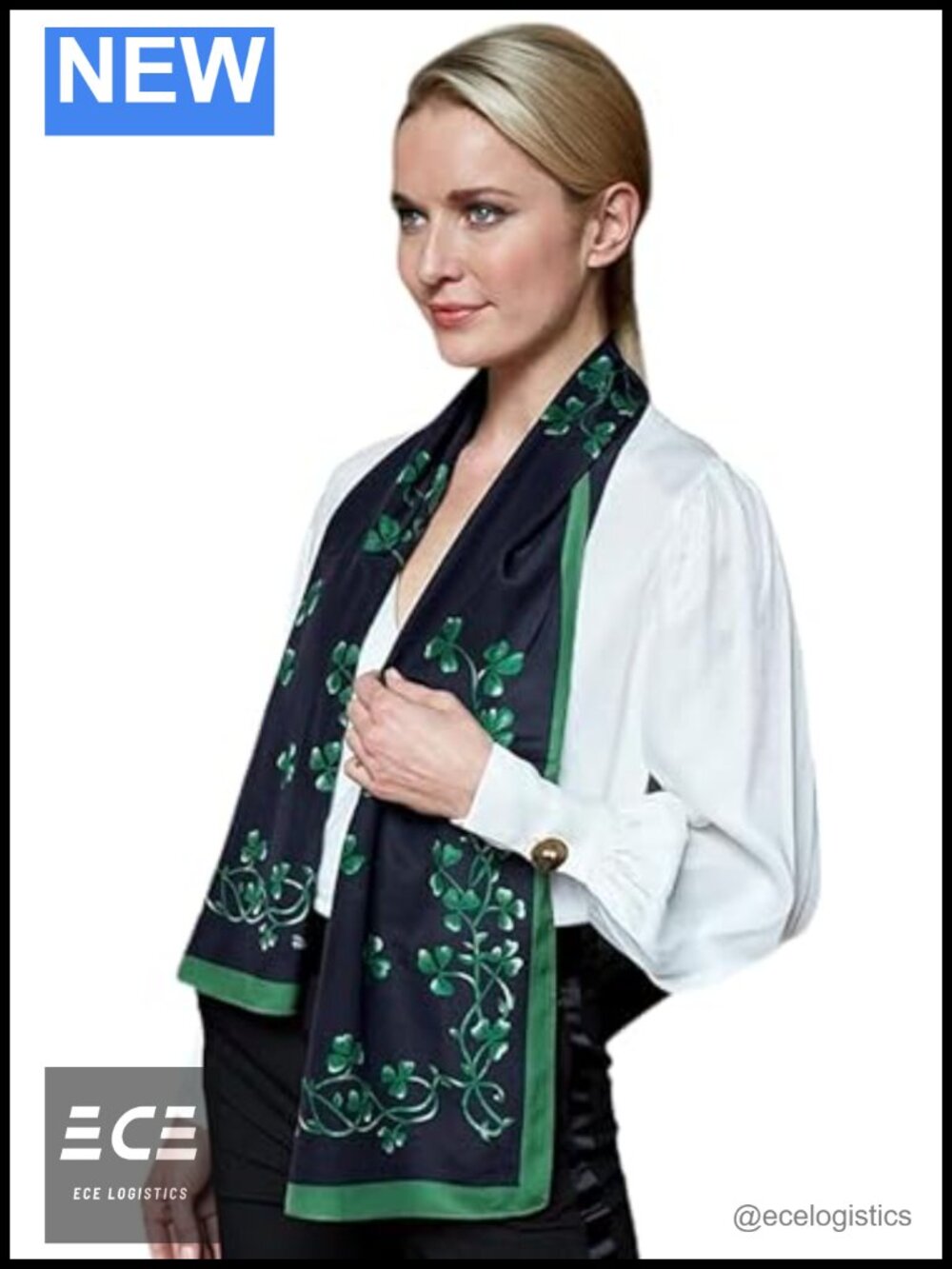 100% Silk Shamrock Sprig Irish Celtic Scarf Lightweight Wrap